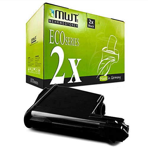 Eine MWT EcoSeries Tonerbox in Grün und Schwarz mit einer schwarzen Tonerkartusche davor.