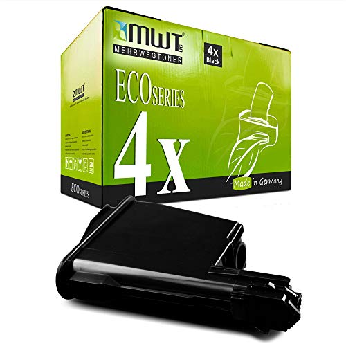 Eine grüne MWT EcoSeries Tonerbox mit vier schwarzen Tonerkartuschen und einer ausgepackten Kartusche.