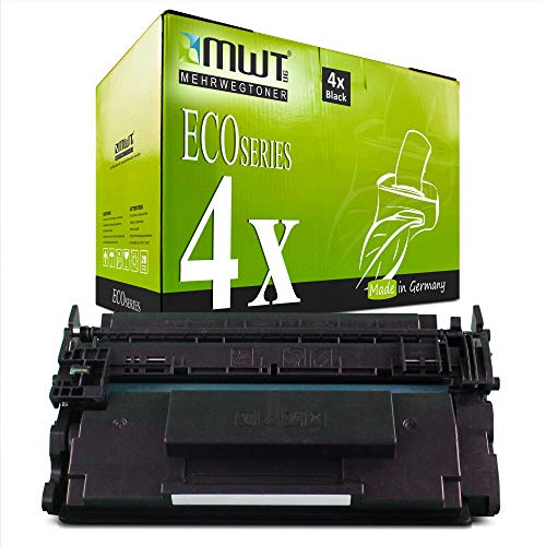Eine grüne MWT Eco Series Tonerkartuschen-Schachtel mit vier schwarzen Patronen und einer Kartusche davor.