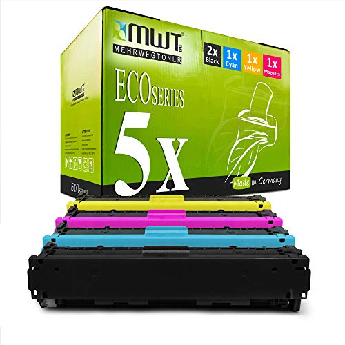 MWT-Druckertoner in Schwarz, Cyan, Gelb und Magenta vor einer grünen Verpackungsbox.