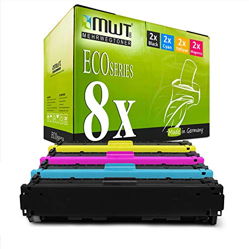 Eine grüne MWT Eco Series Tonerkartonverpackung mit acht Tonerkartuschen in Schwarz, Cyan, Gelb und Magenta davor.