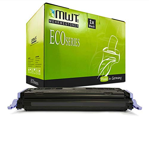 Schwarze Tonerkassette vor einer grünen MWT EcoSeries Verpackung.