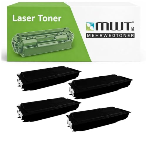 Vier schwarze Lasertoner-Kartuschen vor einer weißen und grünen Verpackungsschachtel mit Aufschrift MWT.