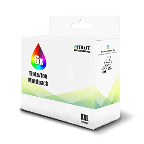 Eine weiße MWT-Tintenmehrfachpackung zeigt ein buntes 6x-Tropfenlogo, 'Tinte/Ink Multipack'-Text und ein XXL-Etikett.