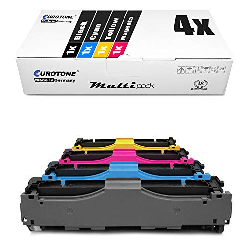 Eurotone Multipack mit vier Tonerkartuschen in Schwarz, Cyan, Gelb und Magenta vor einer weißen Verpackung.