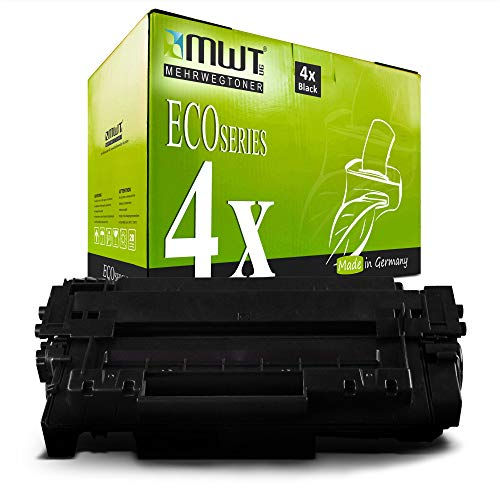 Eine grüne MWT-Eco-Series Tonerbox mit vier schwarzen Tonerkartuschen davor.