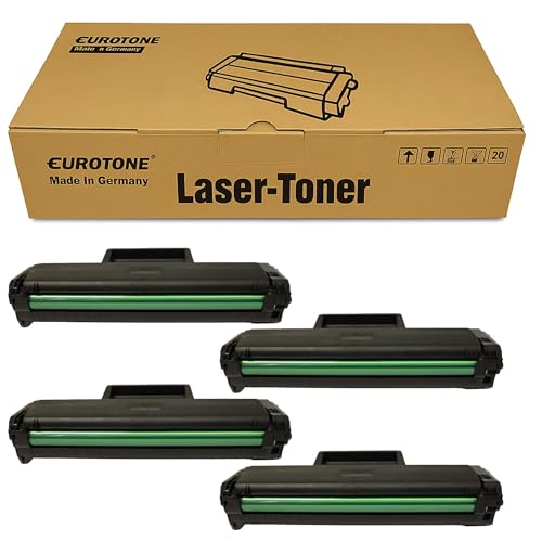 Eine braune Eurotone Laser-Toner Box und vier schwarze Lasertoner-Kartuschen.