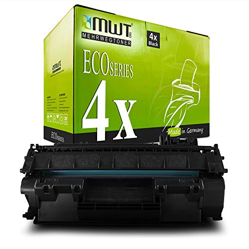 Eine grüne MWT Eco Series Tonerkartuschenschachtel steht hinter einer schwarzen Tonerkartusche.