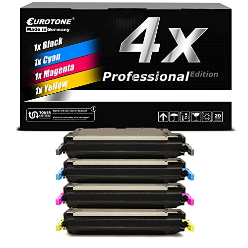 Eurotone-Tonerkassette 4er-Set mit schwarzer, cyan, magentaroter und gelber Farbe vor einer schwarzen Verpackung.