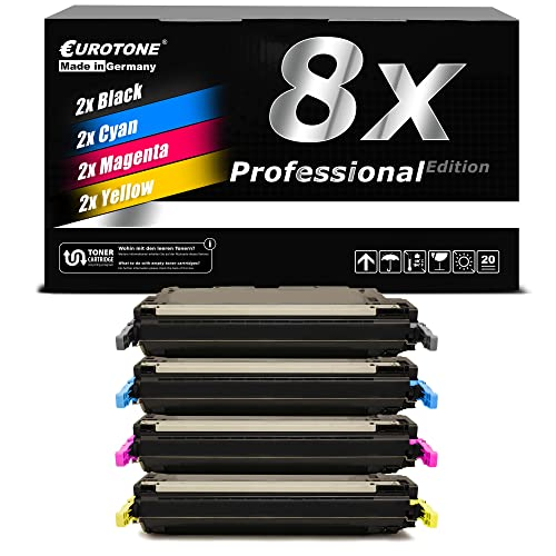 Eurotone-Druckerpatronen-Set mit vier schwarzen, cyan, magenta und gelben Tonerkartuschen vor einer Verpackung.