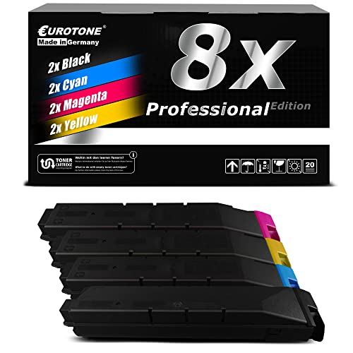 Eurotone Tonerkartuschen-Set mit acht Patronen in Schwarz, Cyan, Magenta und Gelb und der Verpackungskarton.