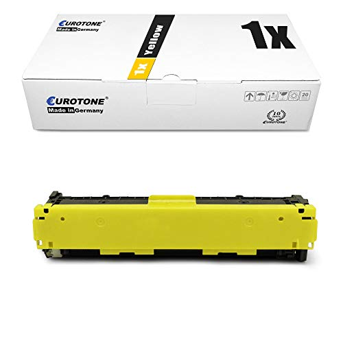 Eine weiße Eurotone-Verpackung mit gelbem Akzent und ein gelber Tonerkassette darunter auf weißem Grund.