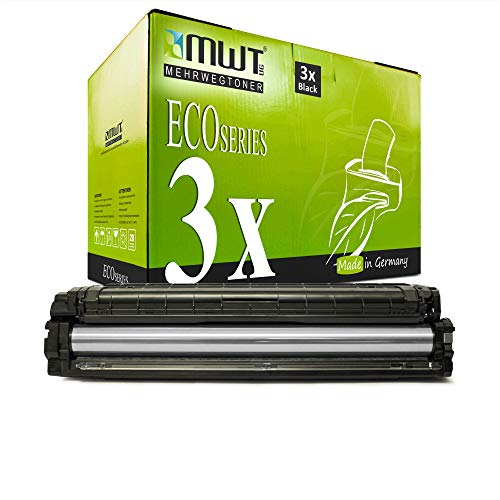 Eine schwarze Druckerpatrone vor einer grünen ECO Series 3x Black Toner Box vor weißem Hintergrund.
