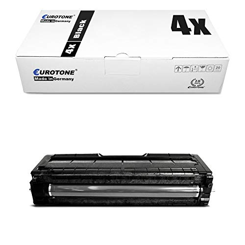 Eine weiße Eurotone-Verpackungsbox für 4x schwarze Toner mit einer darunter platzierten schwarzen Tonerkassette auf weißem Grund.