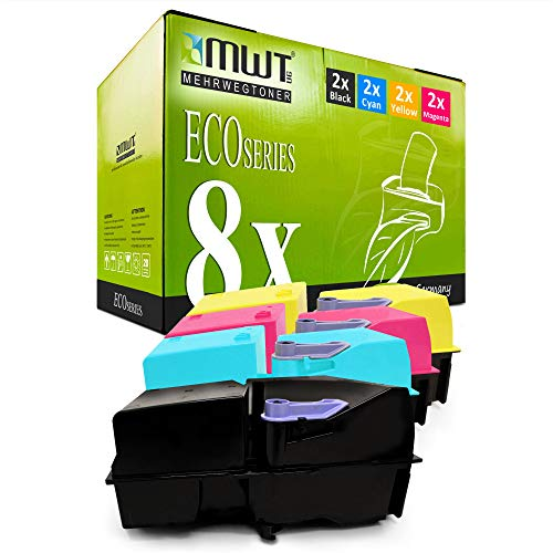 MWT ECO Series Tonerkartuschen in Schwarz, Cyan, Gelb und Magenta vor der grünen Verpackung.