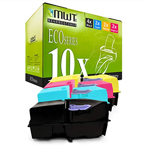 MWT ECO Series Tonerkassetten in Schwarz, Cyan, Gelb und Magenta mit ihrer grünen Verpackung.