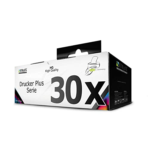 Weiße und schwarze Produktverpackung mit der Aufschrift 30x und Drucker Plus Serie.