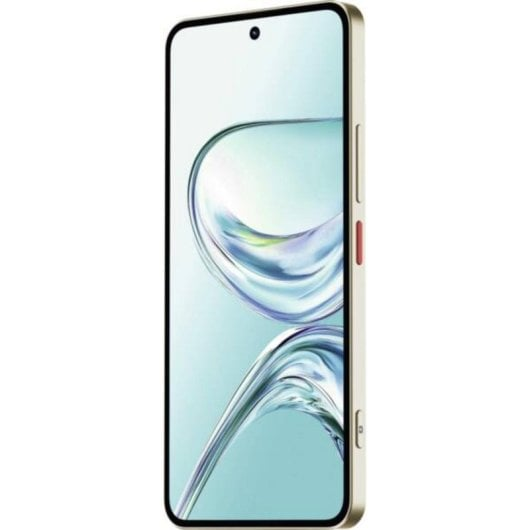 Uno smartphone con display luminoso e grafica astratta blu, cornice dorata e tasti laterali su sfondo bianco.