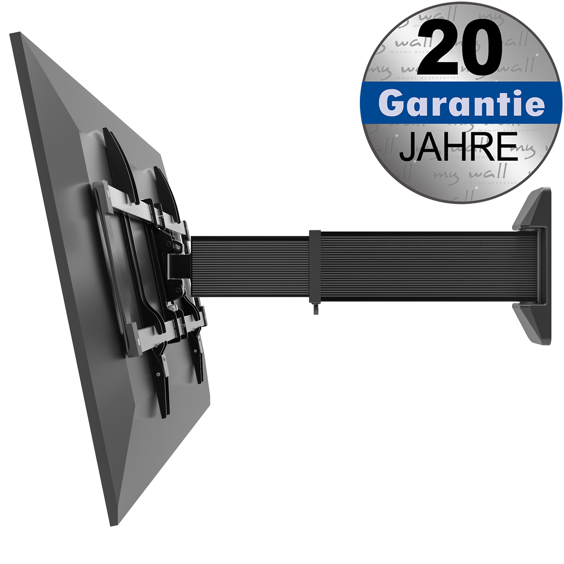 Supporto da parete nero per TV con braccio lungo, visto di sbieco da dietro, con sigillo di garanzia di 20 anni.