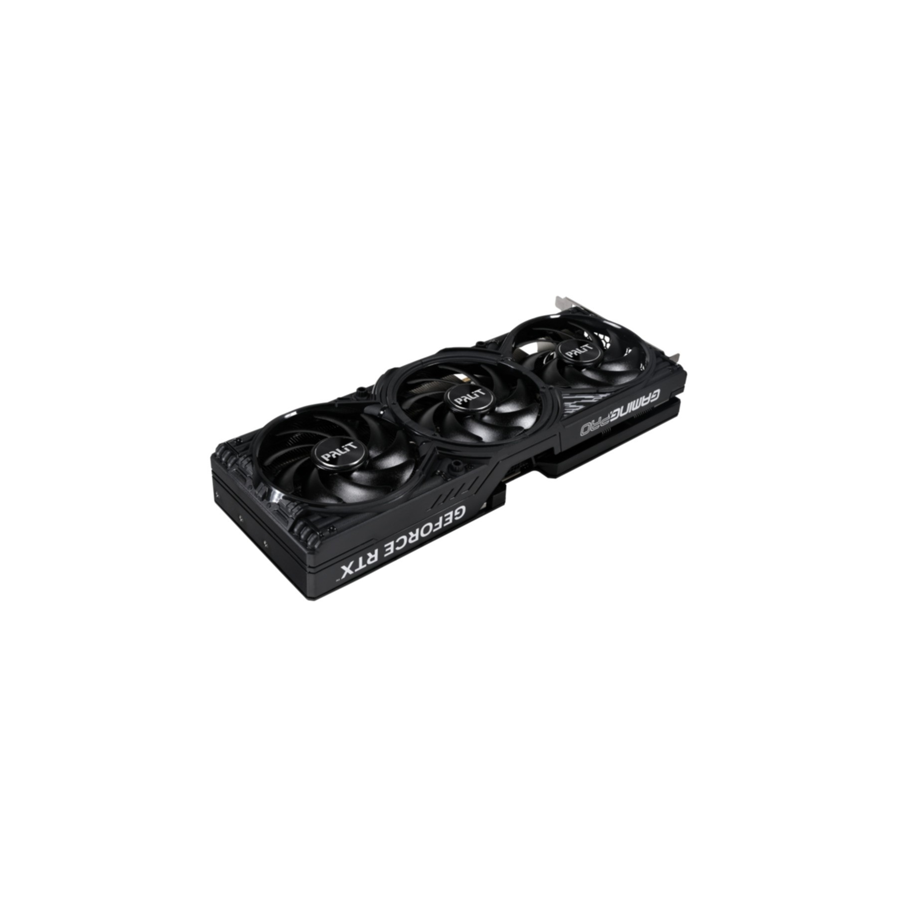 Una scheda grafica nera Palit GeForce RTX GamingPro con tre ventole su sfondo bianco.