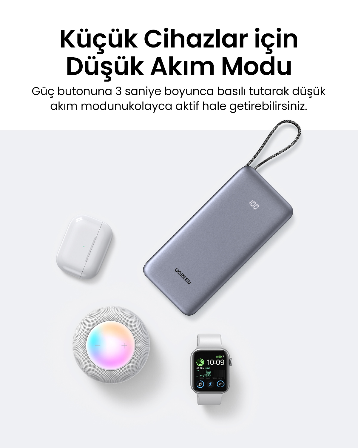 Una power bank, auricolari, un piccolo altoparlante e uno smartwatch su sfondo bianco con testo.