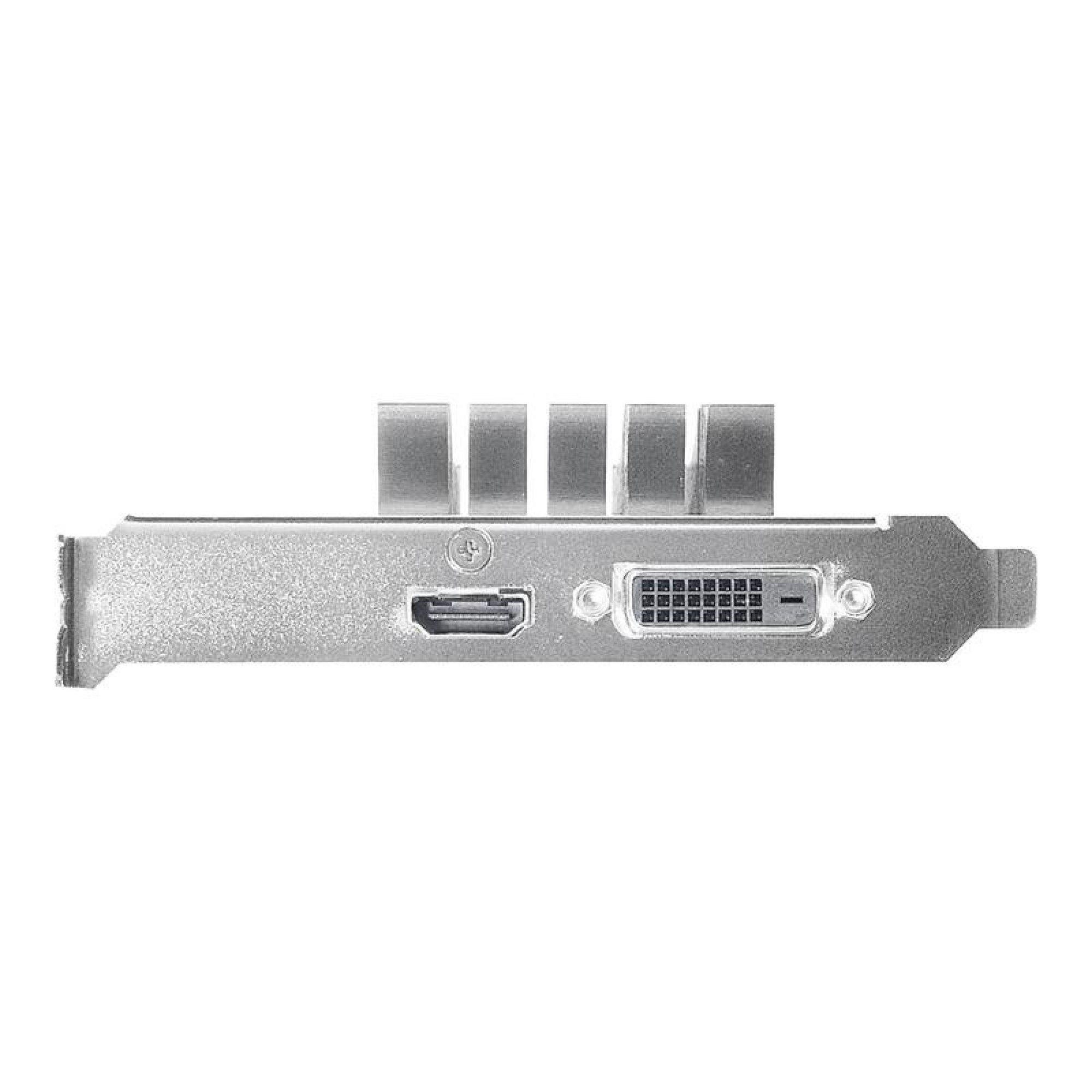 Staffa per scheda grafica argentata con una porta HDMI e una porta DVI su sfondo bianco.