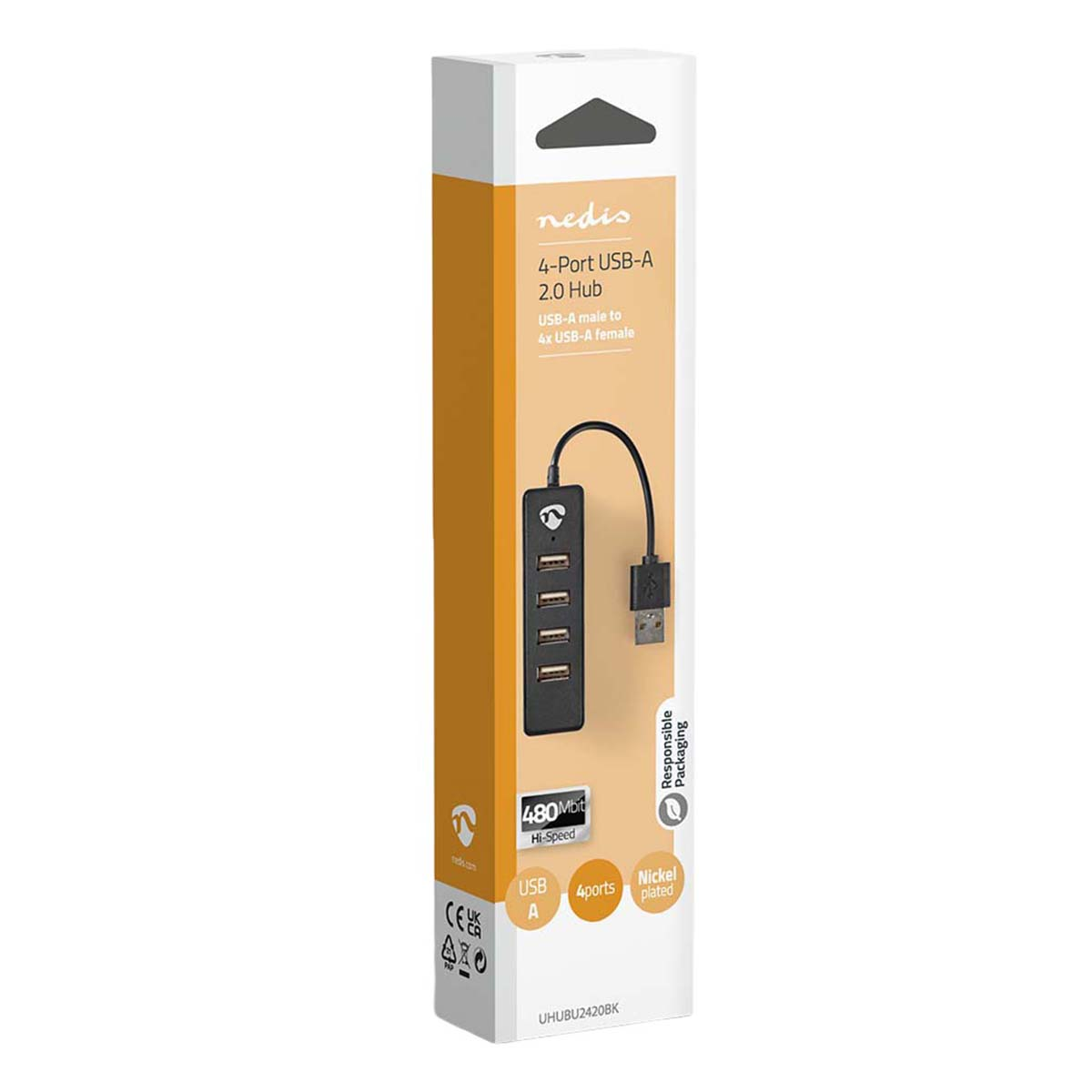 Scatola di imballaggio per hub USB-A 2.0 a 4 porte Nedis, con immagine del prodotto e specifiche su sfondo arancione e bianco.