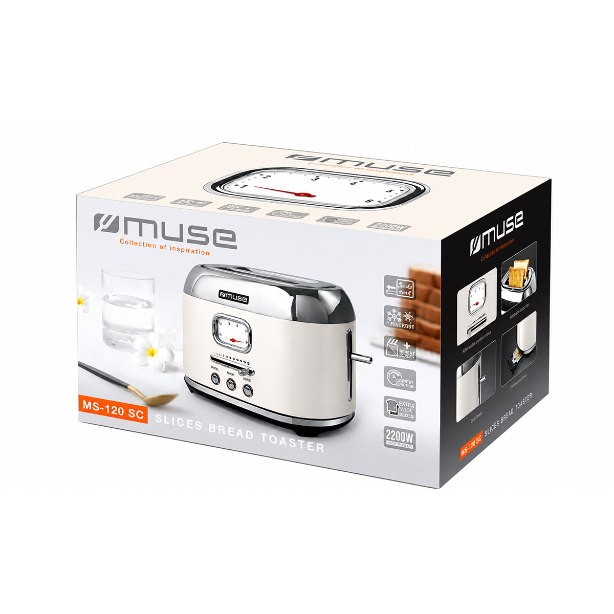 Confezione del prodotto per un tostapane beige Muse MS-120 SC con dettagli cromati.