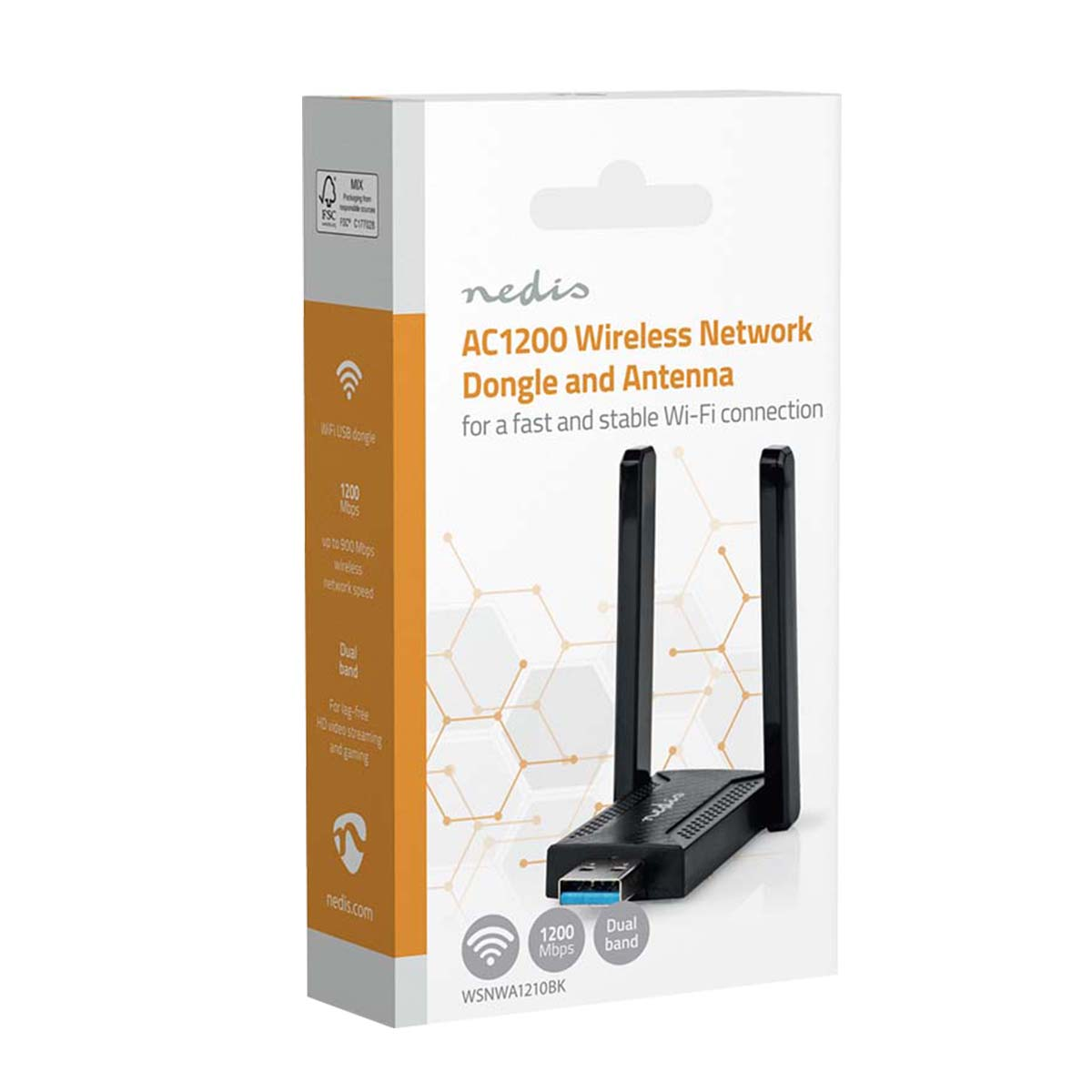 Nedis AC1200 WLAN-Dongle mit zwei Antennen in seiner weißen Verpackung.
