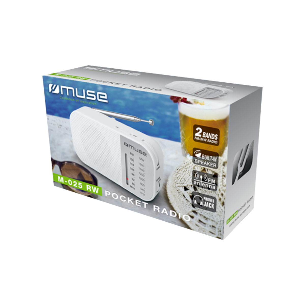 Embalaje de una radio de bolsillo blanca Muse M-025 RW con antena telescópica y fondo de playa.