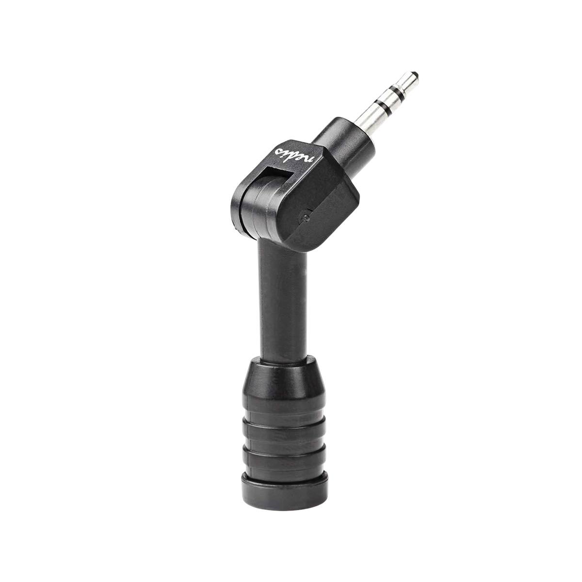 Un adattatore jack audio nero da 3,5 mm con angolo regolabile su sfondo bianco.