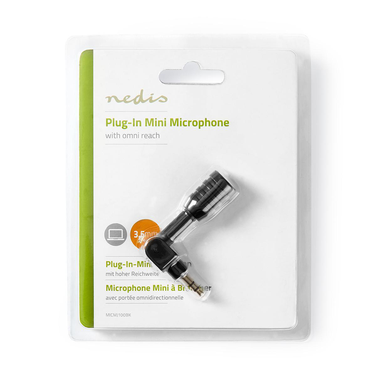 Un mini microfono plug-in Nedis all'interno della confezione blister bianca e verde.