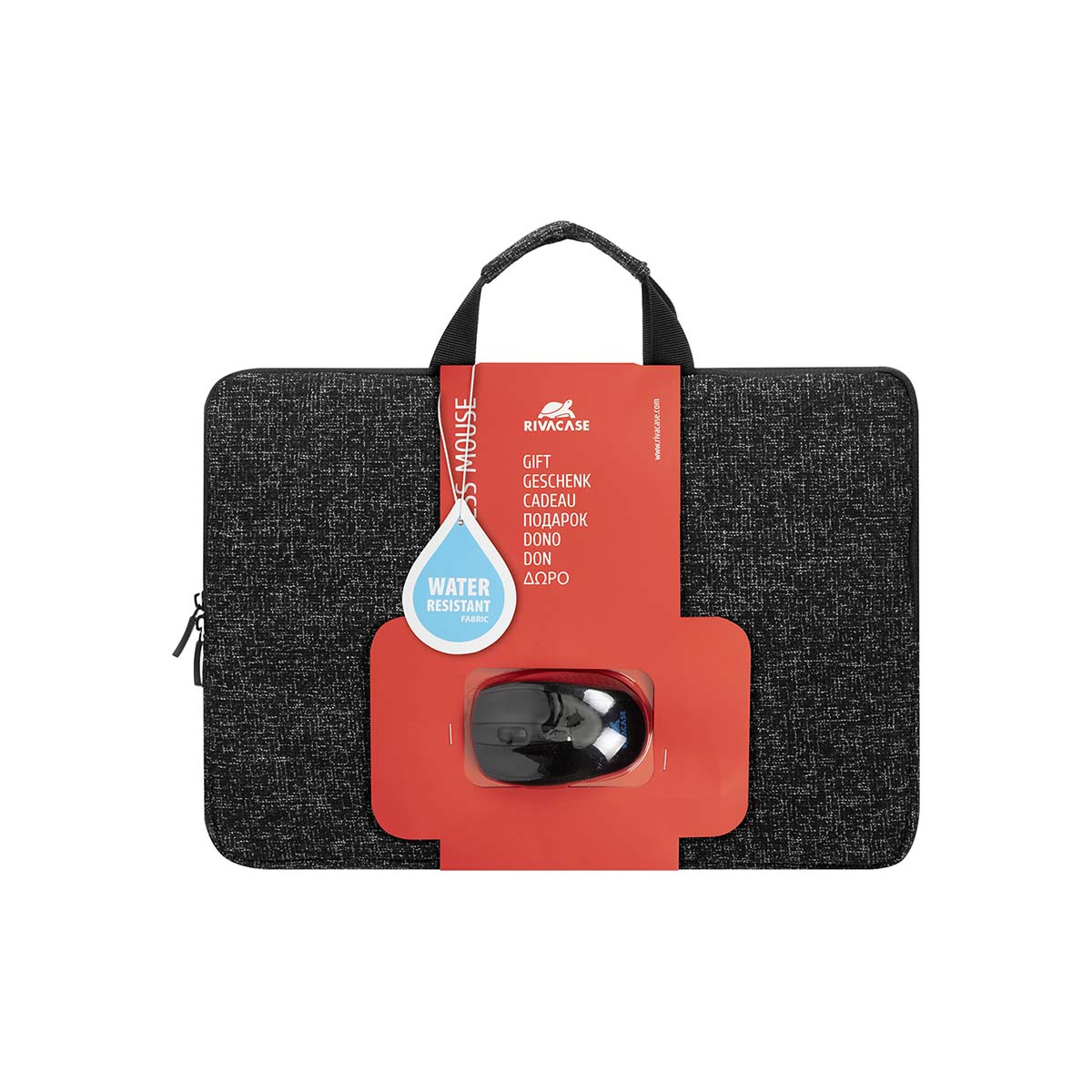 Fundas para portátil negras impermeables con un ratón inalámbrico empaquetado para regalo en la parte delantera.