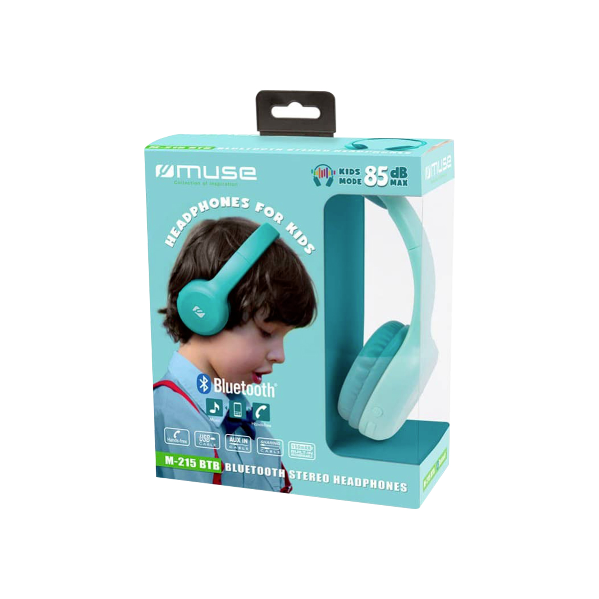 Cuffie Bluetooth turchesi in una scatola azzurra con un bambino e dettagli del prodotto.