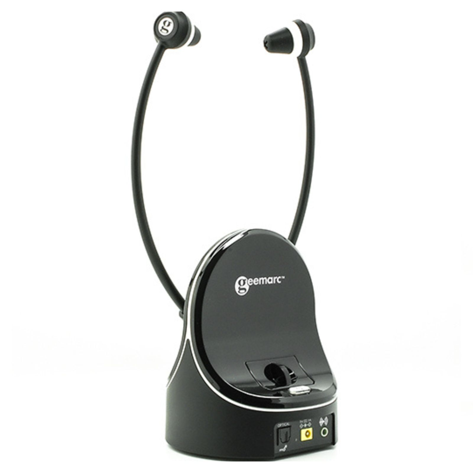 Cuffie wireless nere sotto il mento con base di ricarica e porte su sfondo bianco.
