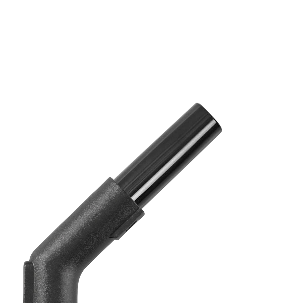 Un tube en plastique noir et un raccord coudé sur fond blanc.