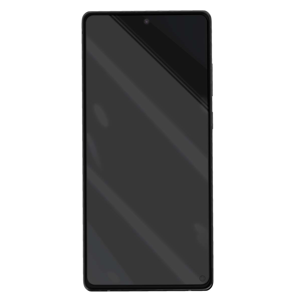 Smartphone nero con riflesso luminoso sullo schermo e fotocamera frontale.