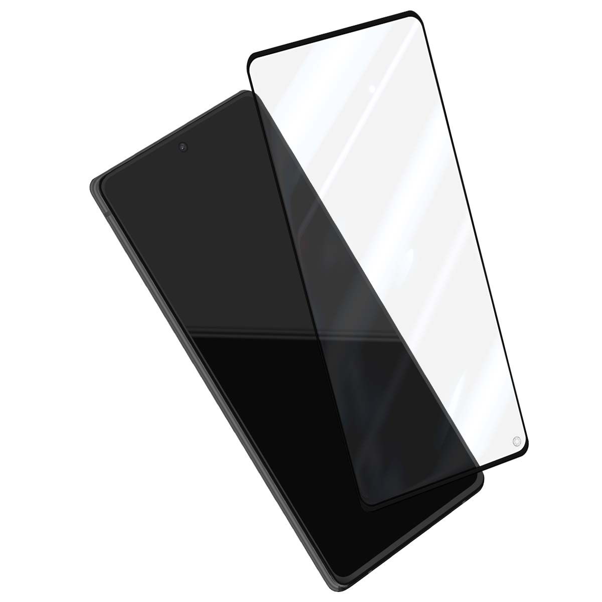 Uno smartphone nero è mostrato con una pellicola protettiva in vetro trasparente fluttuante sopra.