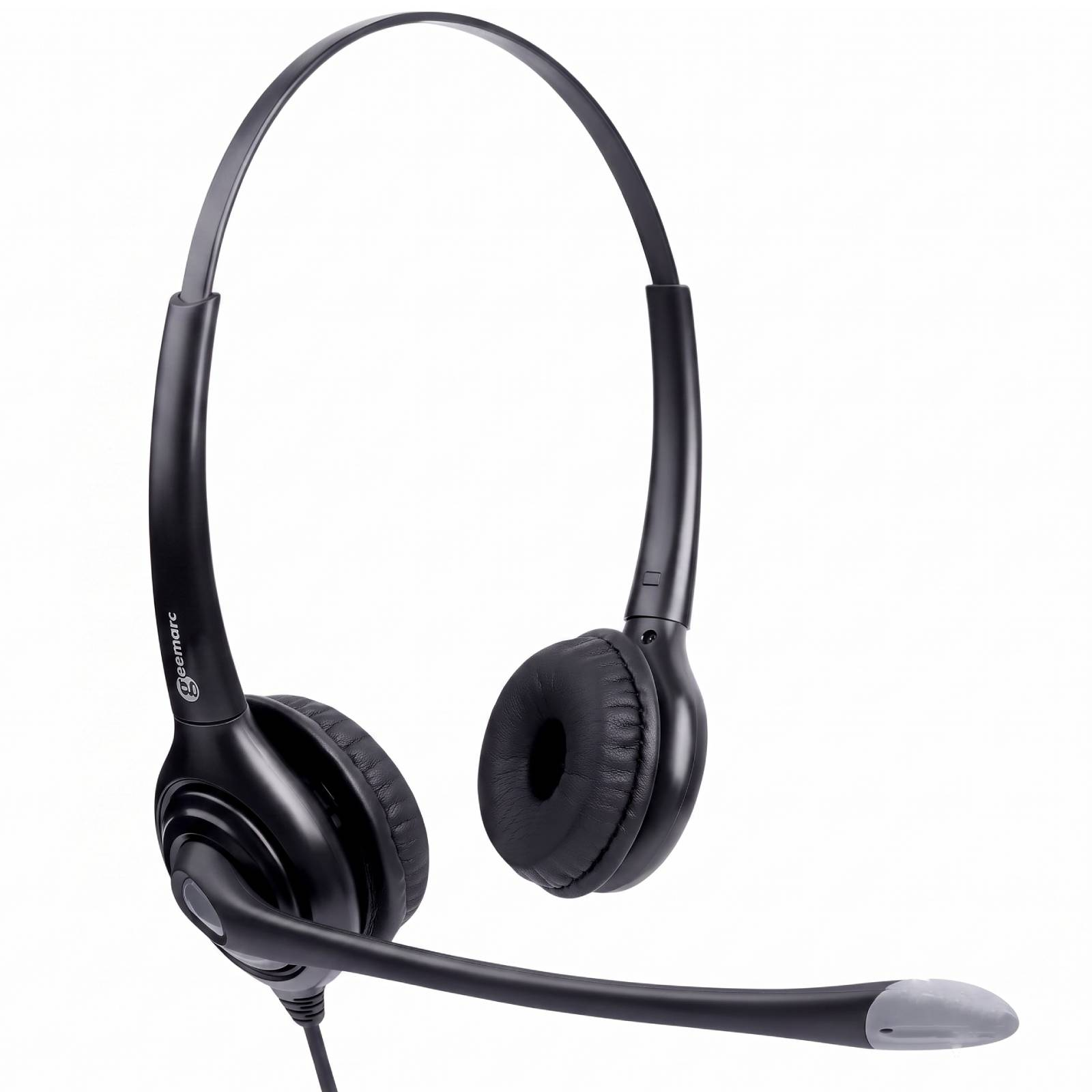 Cuffie nere per call center con cuscinetti imbottiti e braccio del microfono su sfondo bianco.