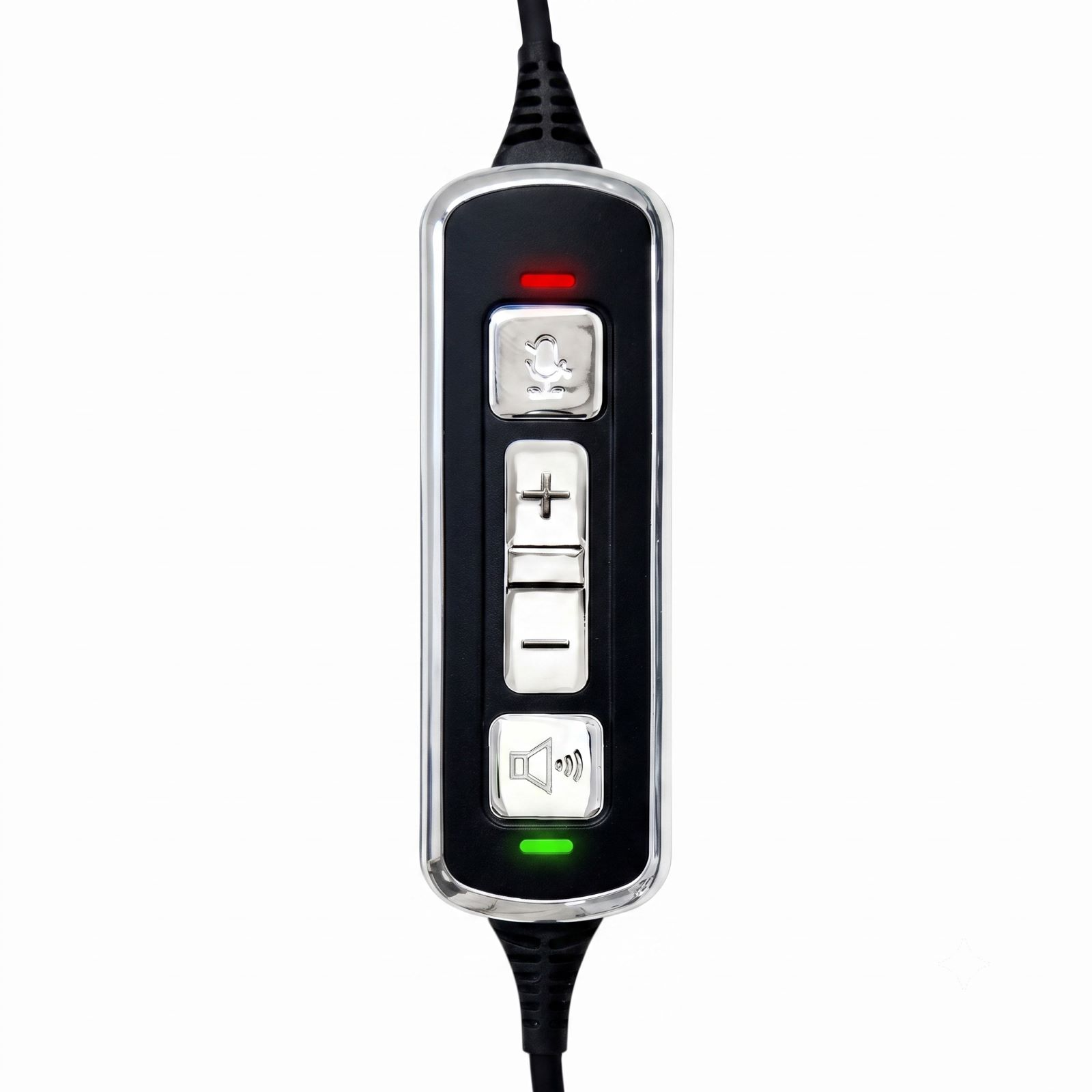 Telecomando in linea nero con pulsanti cromati per microfono, volume e silenziamento.