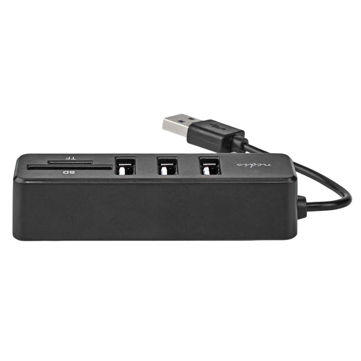 Un hub USB nero con tre porte USB e lettori di schede SD su sfondo bianco.