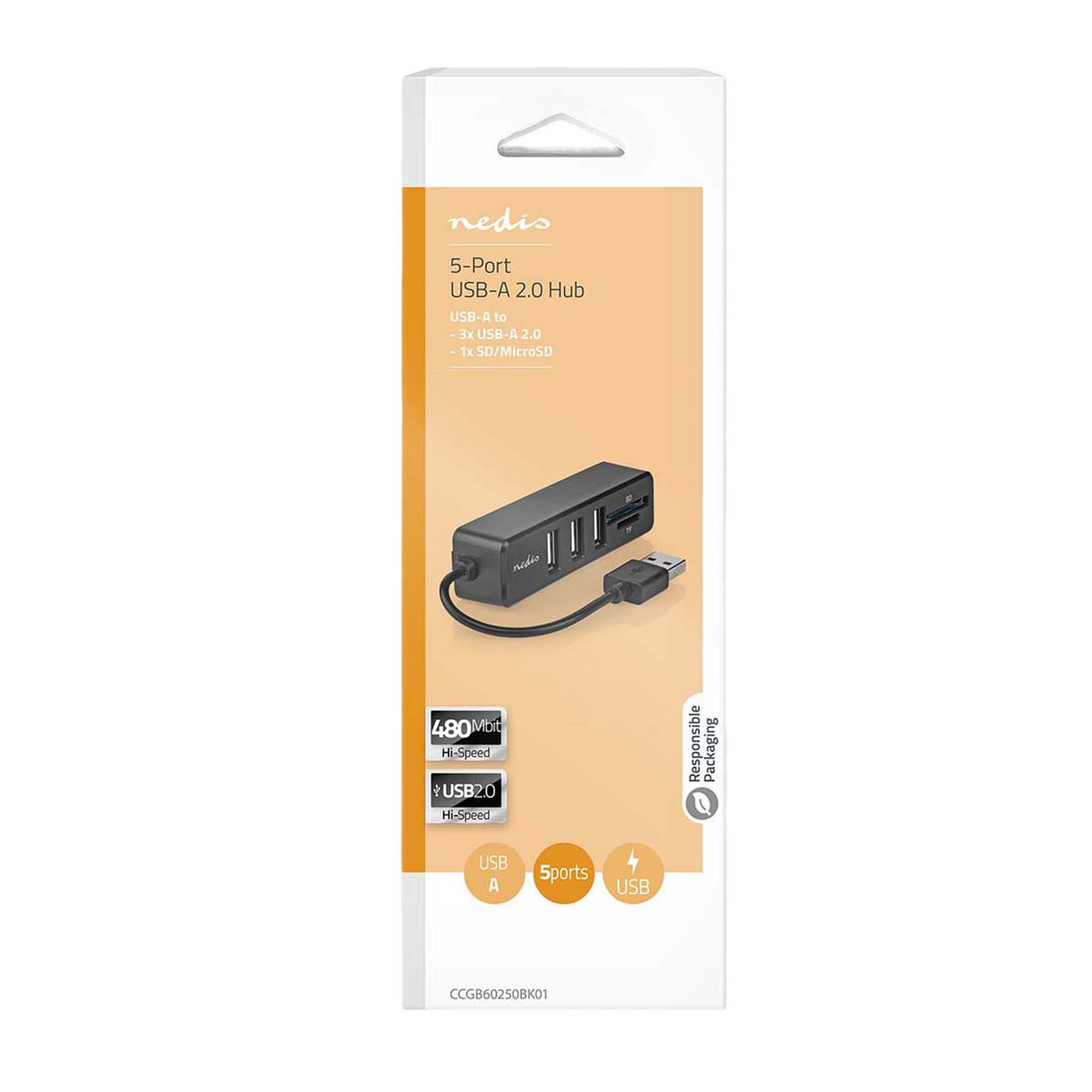 Confezione per hub USB-A 2.0 a 5 porte Nedis, con hub nero, porte e cavo su sfondo arancione e bianco.