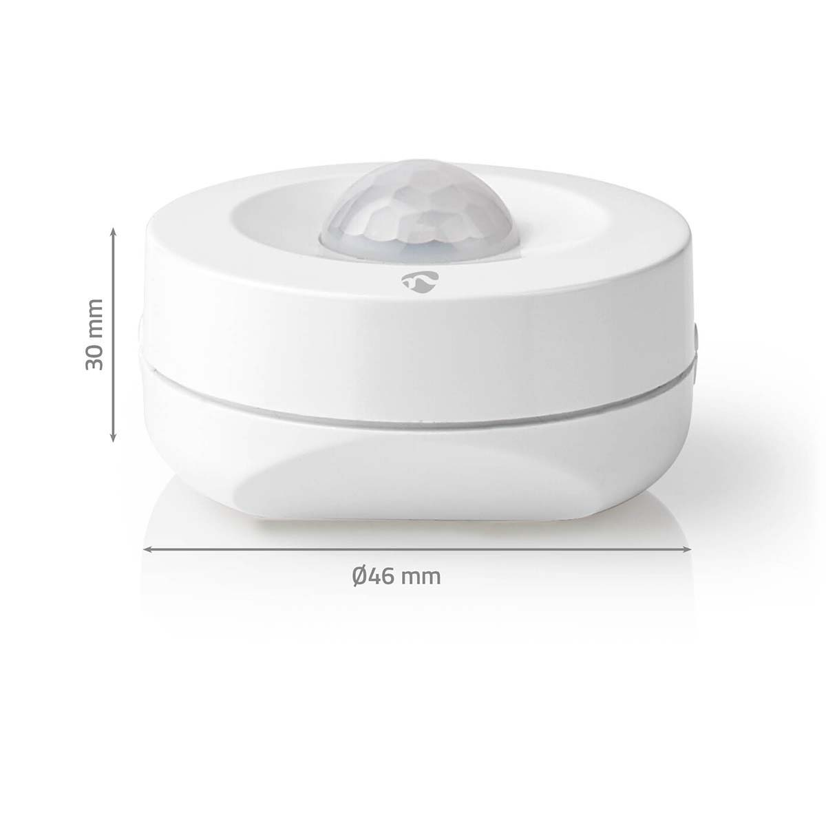 White motion sensor with dimensions: 30 mm height and 46 mm diameter.