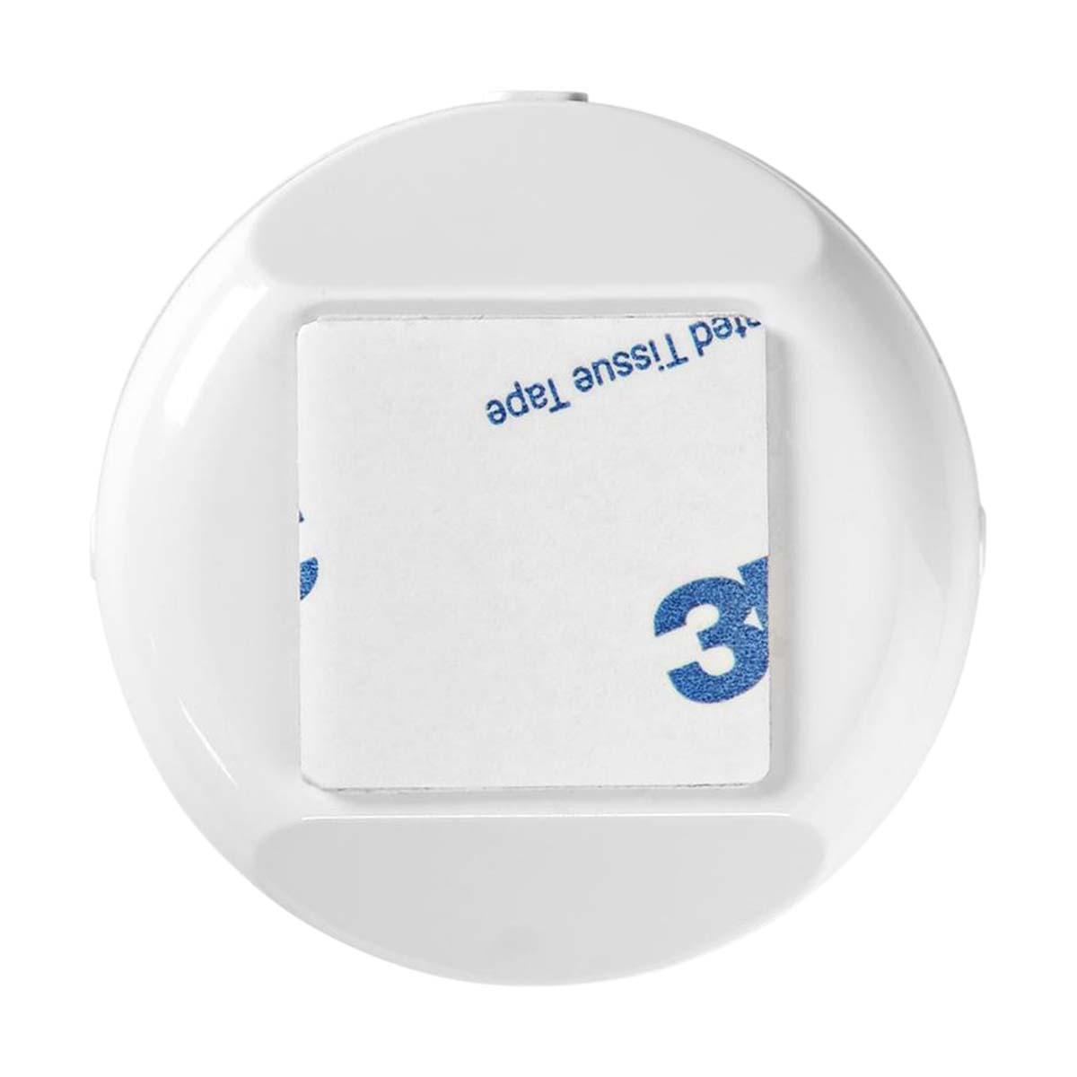 A white circular device with a square 3M double-sided tape patch on the back against a white background.