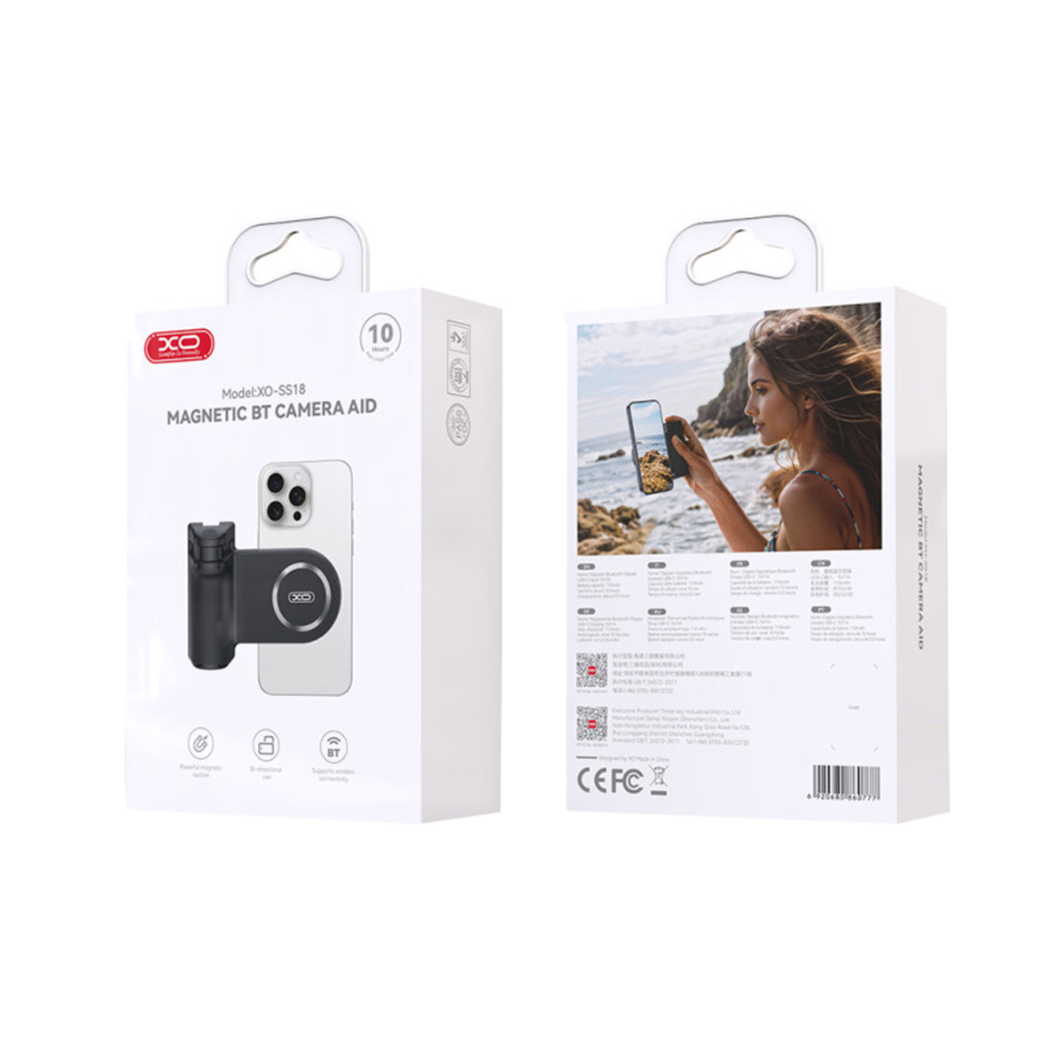Verpackung der XO-SS18 magnetischen BT-Kamera-Hilfe mit Produktbildern und Details.