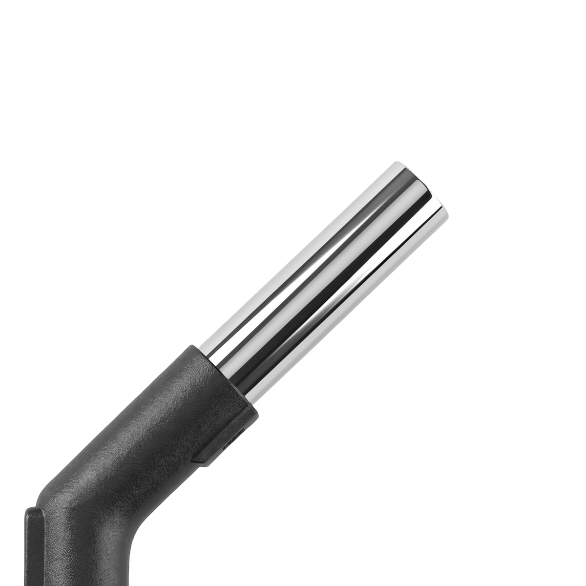 Un tube métallique brillant relié à une poignée en plastique noir sur fond blanc.