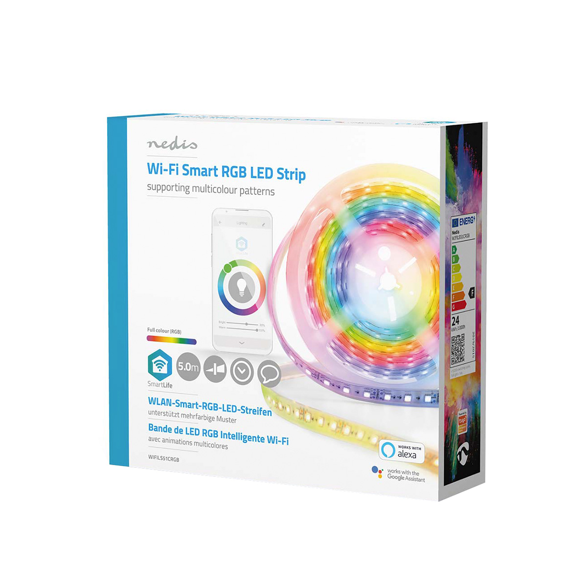Produktverpackung eines Nedis Wi-Fi Smart RGB LED-Streifens mit bunter LED-Rolle auf weißem Hintergrund.
