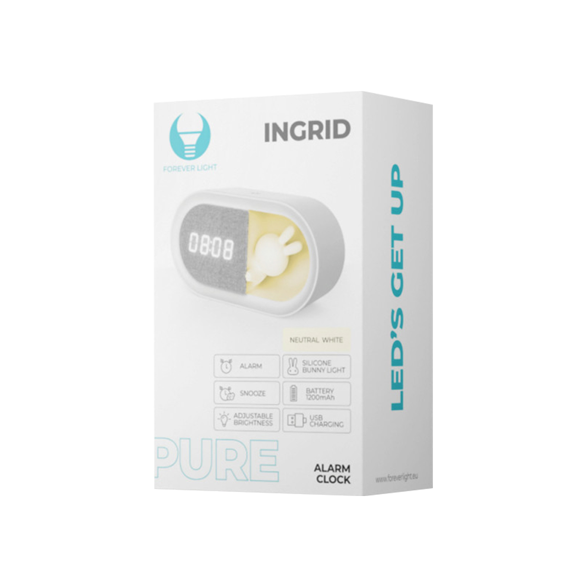 Confezione della sveglia LED INGRID con design a coniglietto, display digitale e icone delle funzioni.