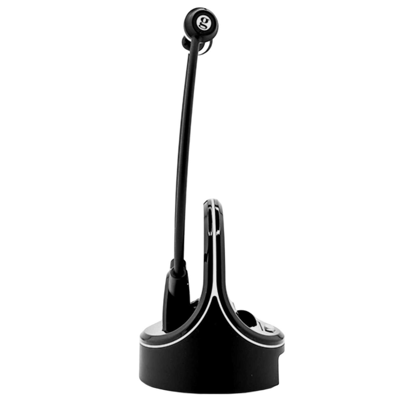 Schwarzes drahtloses Headset mit Mikrofon auf einer Ladestation gegen einen weißen Hintergrund.