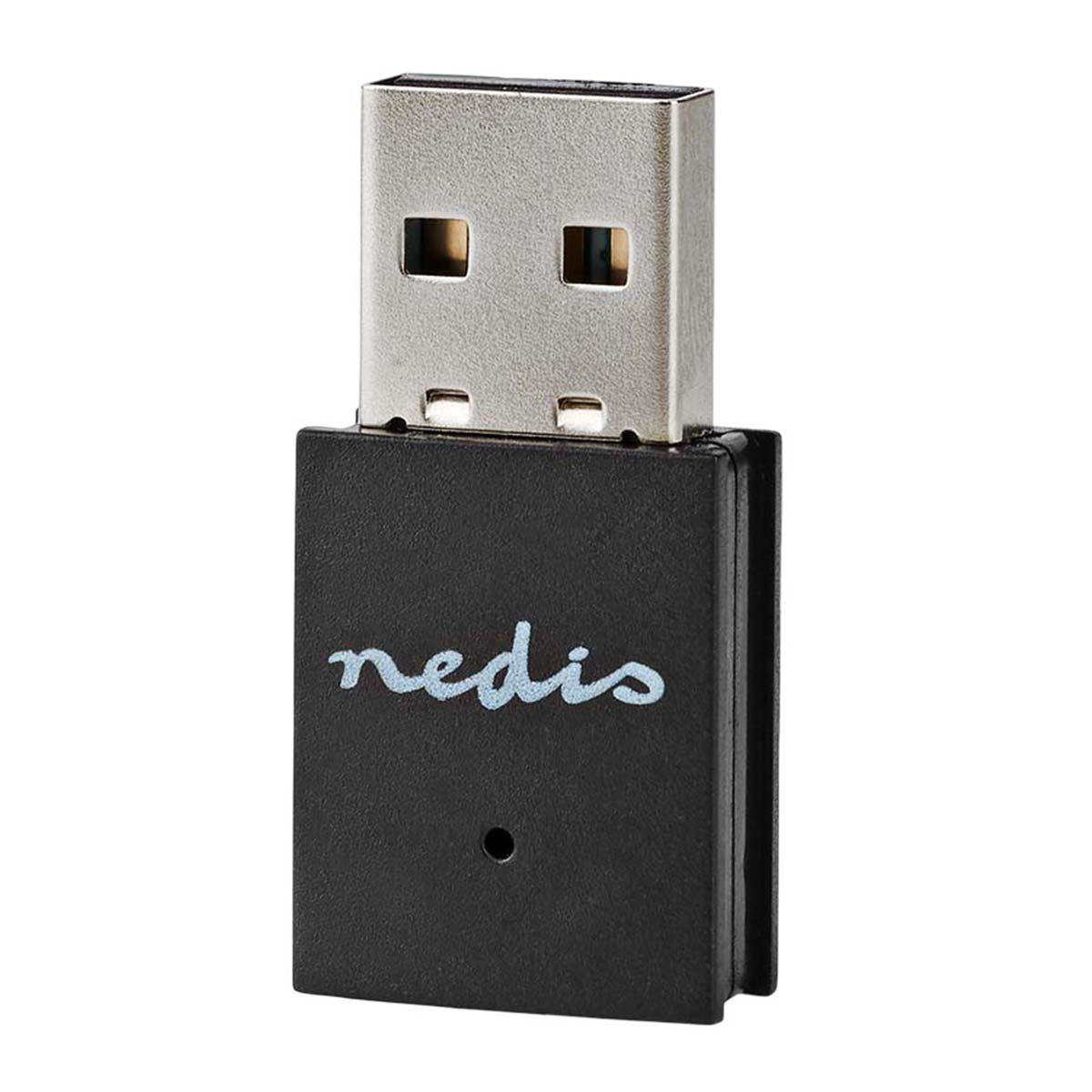 Kleiner schwarzer USB-Adapter mit metallenem Stecker und weißer Nedis-Aufschrift auf weißem Hintergrund.